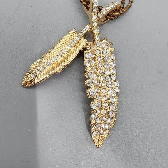 Gold Feather Pendant Necklace w/ Rhinestones Double Chain Boho Chic 18" - Picture 1 of 7